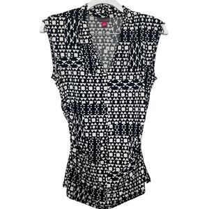 Vince Camuto Geo Pattern Sleeveless Side Ruched Blouse Top Black/White Women's S